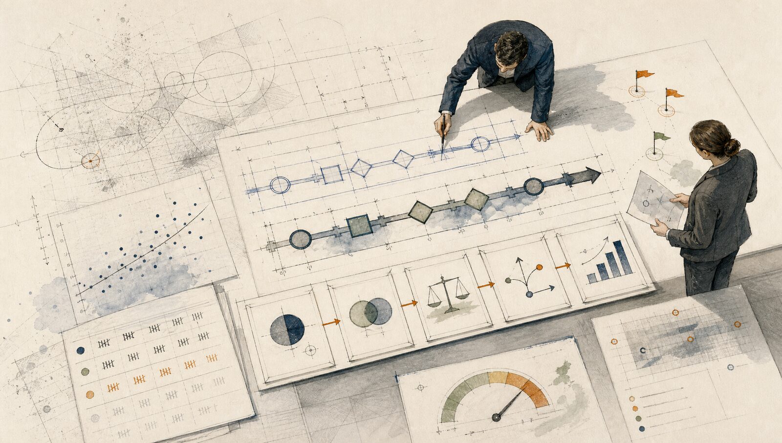 Business leaders mapping AI evaluation metrics, workflows and performance indicators