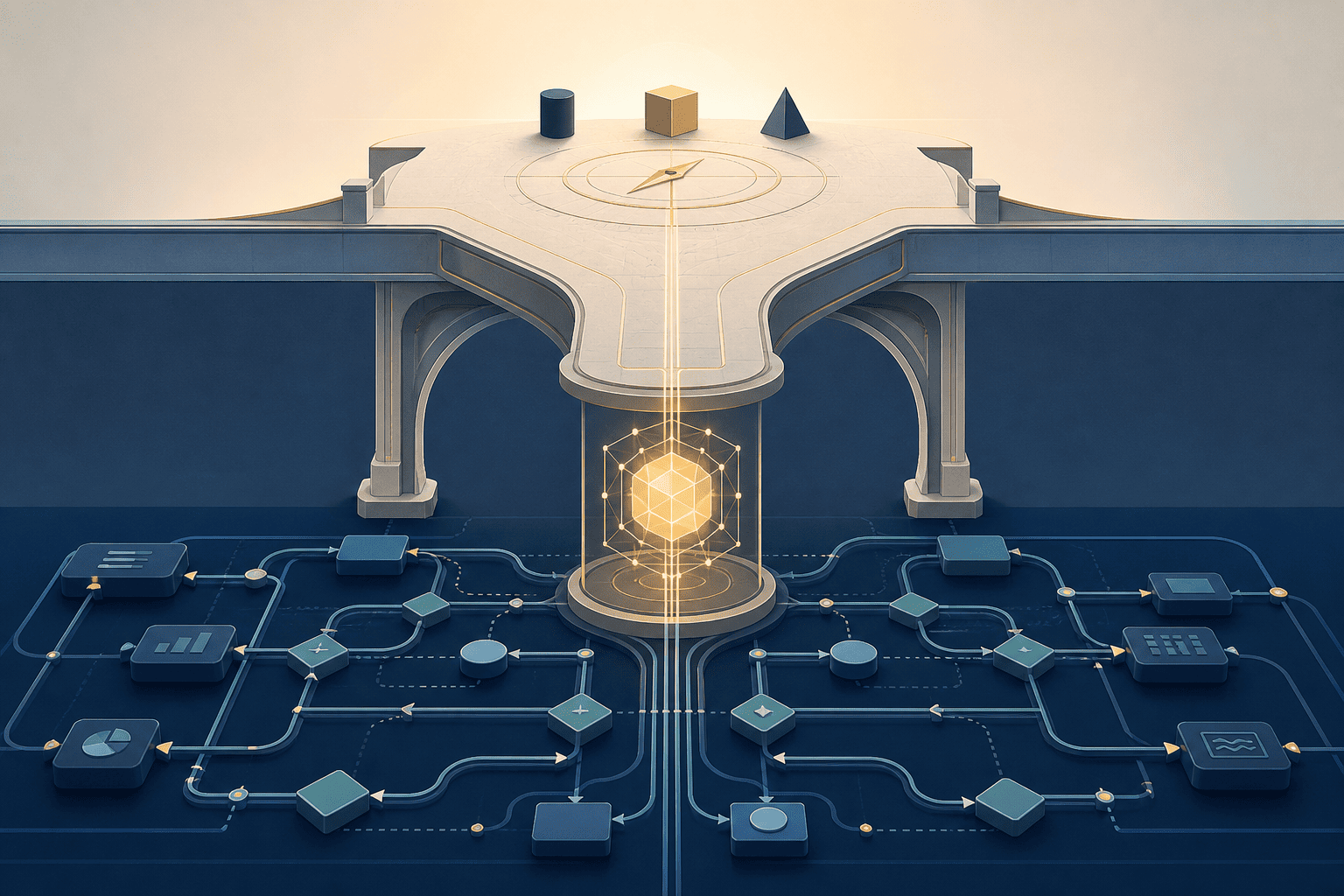 Editorial illustration of interconnected business systems representing AI readiness, including leadership, workflows, governance, training, and measurement.